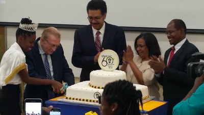 60 YEARS STRONG:  Participating in the Cutting of the UTech, Jamaica 60th  Anniversary Cake (from left), Alecia Bailey, Miss UTech, Jamaica, first-year School of Computing and Information Technology (SCIT) student, the Most Hon. Edward Seaga, ON, PC, Chancellor, Professor Stephen Vasciannie, CD, President, Mrs. Mercedes Deane, University Registrar and Professor Colin Gyles, Deputy President at the ceremony for the launch of UTech, Jamaica’s  60th Anniversary celebrations on Tuesday, March 20, 2018, Shared Facilities Building, Papine Campus.